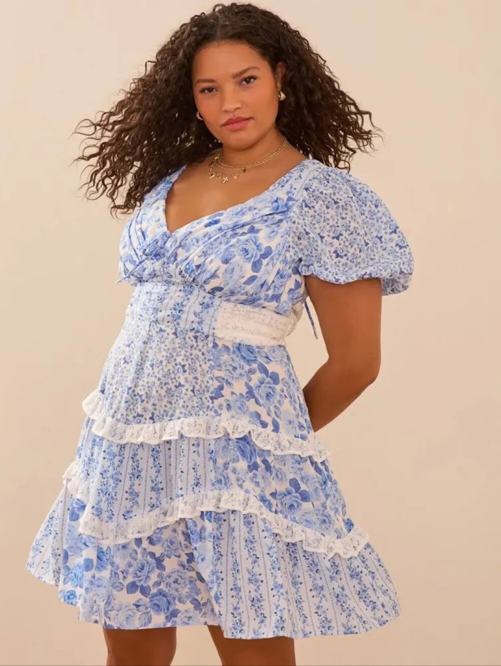 ARULA Aderny Blue Floral Lace Patchwork Floral Flowy Mini Dress Size A, 1X 14/16